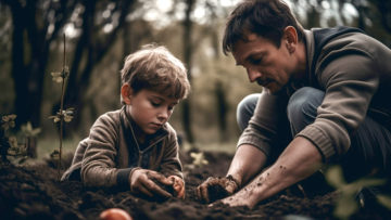 Father teaching son care: planting tree, autumn day generated by artificial intelligence
